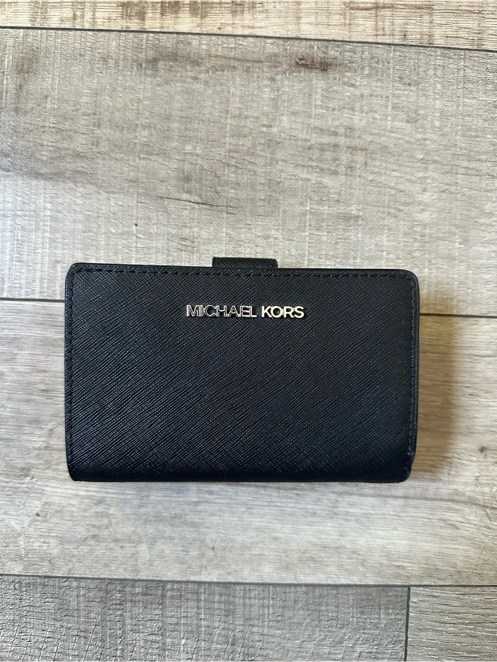 Michael Kors Black Saffiano Card Holder Wallet with Gold Logo